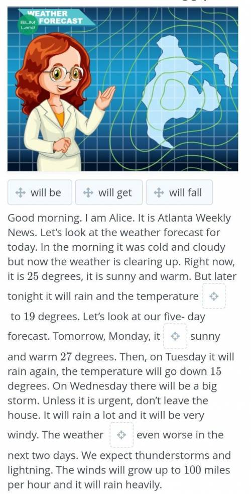 Read the weather report and drag the verbs in the box into the following gaps. Это задание не помест