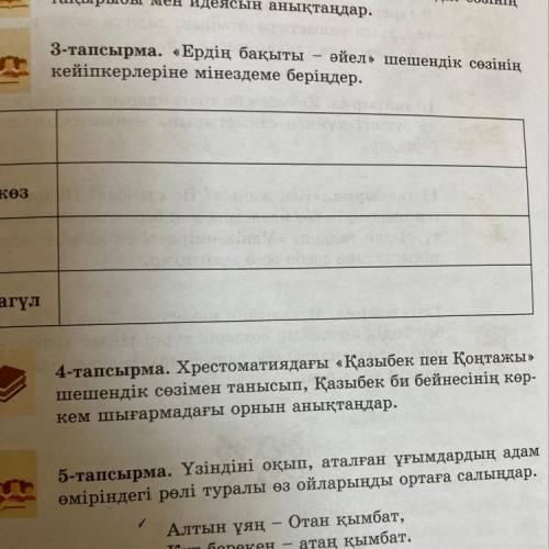 4тапсырма хрестоматиядағы “Қазыбек пен Қоңтажы”шешендік сөзімен танысып,Қазыбек би бейнесінің көркем