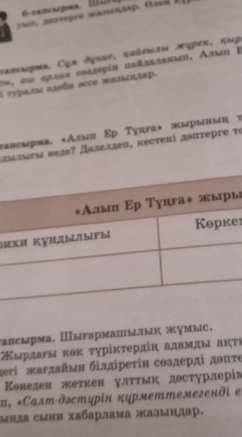 8-тапсырма. Алып Ер Тұнға жырының тарихи және көркемдік құндылығы неде? Дәлелдеп, кестені толтерге т