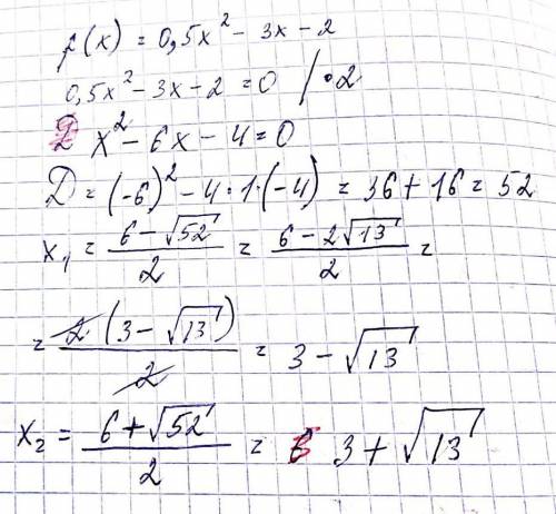 Найти нули функции f(x)=0,5x^2-3x-2​