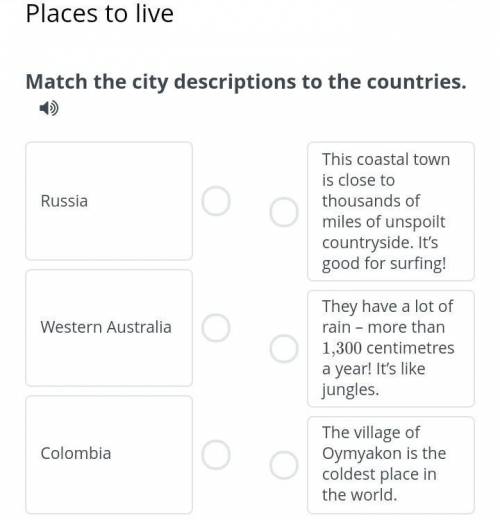 Places to liveMatch the city descriptions to the countries.​