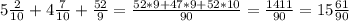 5\frac{2}{10}+4\frac{7}{10}+\frac{52}{9} =\frac{52*9+47*9+52*10}{90}= \frac{1411}{90}=15\frac{61}{90}