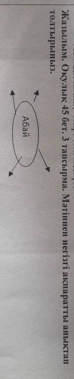Абайды кімнің өмірі толғандырды? Жазылым. Оқулық 45 бет. 3 тапсырма. Мәтіннен негізгі ақпаратты анық