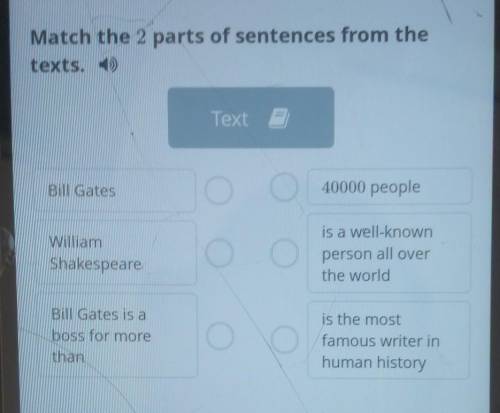 Match the 2 parts of sentences from the texts.TextBill Gates40000 peopleis a well-knownWilliamShakes