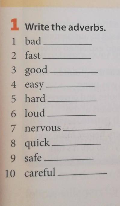1 Write the adverbs. 1 bad2 fast3 good4 easy5 hard6 loud7 nervous8 quick9 safe10 careful​