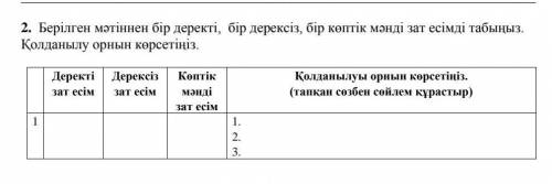 2. берілген мәтіннен бір деректі, бір дерексіз, бір көптік мәнді зат есімді табыңыз. қолданылу орнын