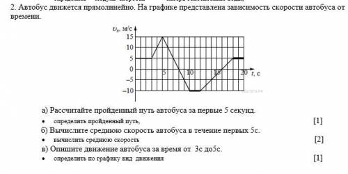 Автобус движется прямолинейно. На графике представлена зависимость скорости автобуса от времени.