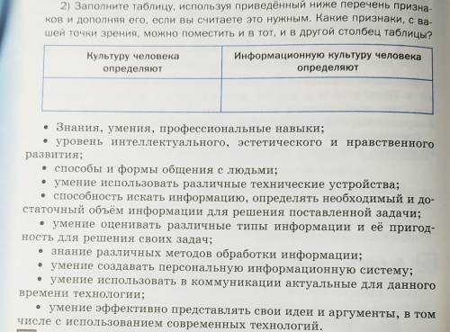 2) Заполните таблицу, используя приведённый ниже перечень призна- ков и дополняя его, если вы считае