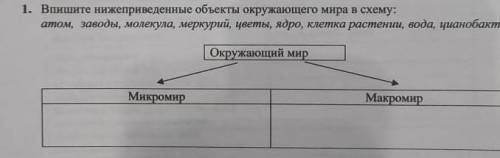 1. Впишите нижеприведенные объекты окружающего мира в схему: атом, заводы, молекула, меркурий, цветы