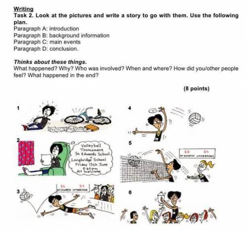 нужен ответ от Task 2. Look at the pictures and write a story to go with them. Use the following pla