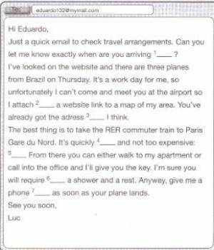 Write a reply email from Eduardo to Luc (120–150 words). Include information about your flight, resp