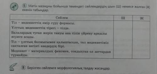 Б) Мәтін мазмұны бойынша төмендегі сөйлемдердің шын (Ш) немесе жалған (Ж) екенін табыңдар. КӨМЕКТЕСІ