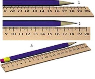 ⦁ На первой линейке показано измерение длины карандаша, когда мы смотрим на него спереди, например,