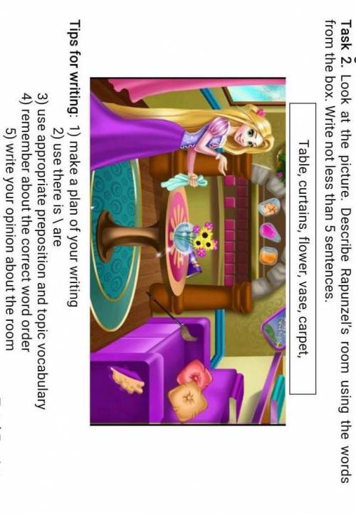 Writing Task 2. Look at the picture. Describe Rapunzel's room using the wordsfrom the box. Write not