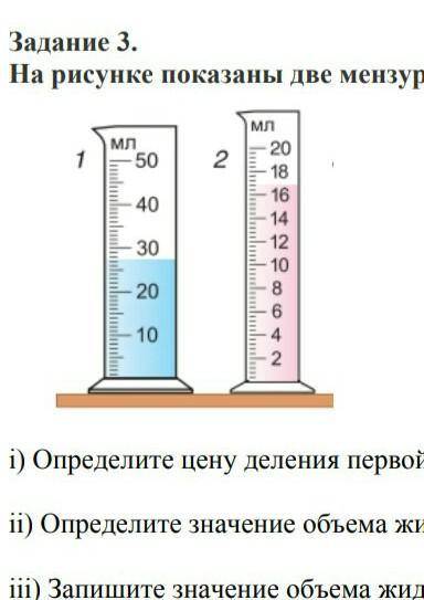 Определите цену деления первой мензурки ii) Определите значение объема жидкости в первой мензуркеii