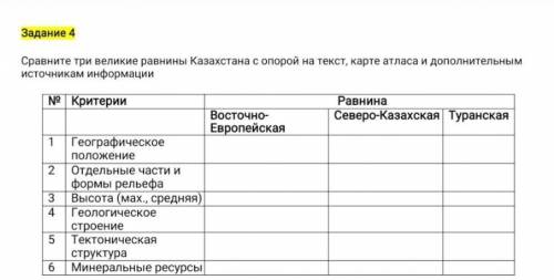 Сравните три великие равнины Казахстана с опорой на текст, карте атласа и дополнительным источникам