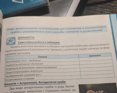 Укажіть значення вказаних особливостей будови грибів для забезпечення й різномаїття.Заповніть у робо