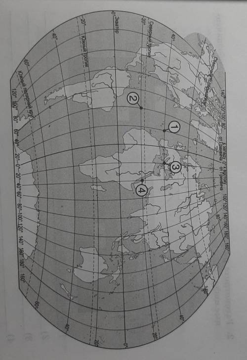 Какой цифрой на карте мира обозначена точка с географическими координатами 20 с. ш. и 20 в.д 1) 1 2)