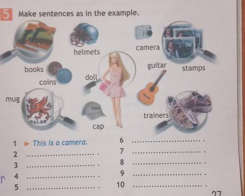5 Make sentences as in the example. camerahelmetsguitarbooksstampsdollcoinsmugtrainersсар61This is a
