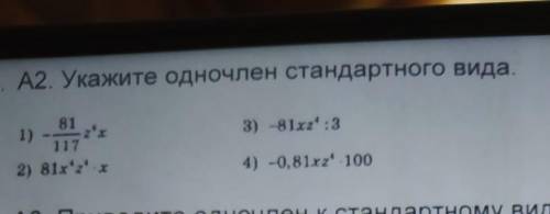 А2. Укажите одночлен стандартного вида. 3) -81x21:3811) 2'1172) 81'2' x4) -0,81rz' 100​