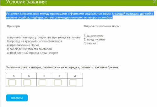 Установи соответствие между примерами и формами социальных норм: к каждой позиции, данной в первом с