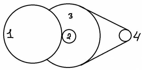 Частота обращения 1 шкива 600 об/мин. Найти частоту обращения 4 шкива в об/с если R1=R3=30 см; R2=R4