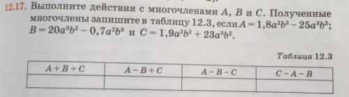 Выполните действия с многочленами A, B и C. Полученные многочлены запишите в таблицу 12.3, если А=1,