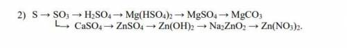 S → SO3 → H2SO4 → Mg(HSO4)2 → MgSO4 → MgCO3 └→ CaSO4 → ZnSO4 → Zn(OH)2 → Na2ZnO2 → Zn(NO3)2.
