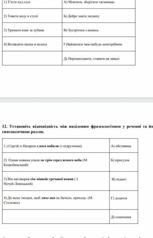 установіть відповідність між виділеним фразеологізмом у реченні та його синтаксичною роллю 12 вопрос
