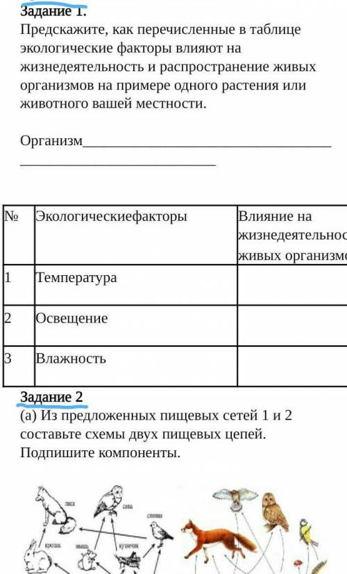 Предскажите, как перечисленные в таблице экологические факторы влияют на жизнедеятельность и распрос