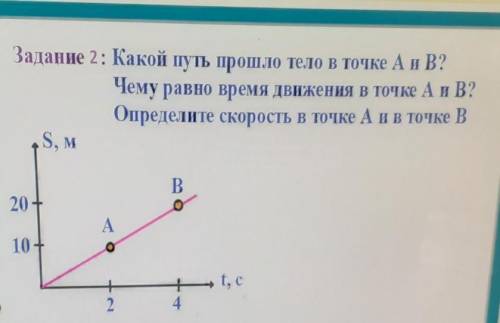 Задание 2: Какой путь тело в точке А и В? Чему равно время движения в точке А и В?Определите скорост