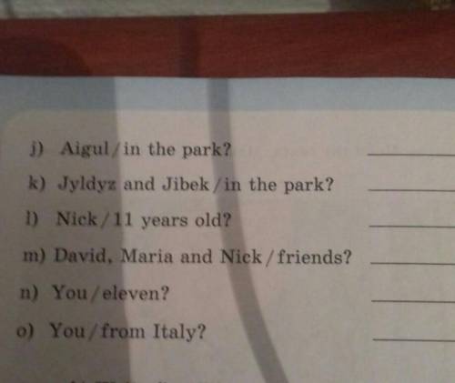 J) Aigul / in the park? k) Jyldyz and Jibek / in the park?1) Nick/11 years old?m) David, Maria and N