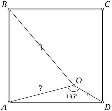 Внутри квадрата ABCD отмечена точка O. Известно, что ∠AOD=135∘, BO=15, DO=5. Найдите AO.