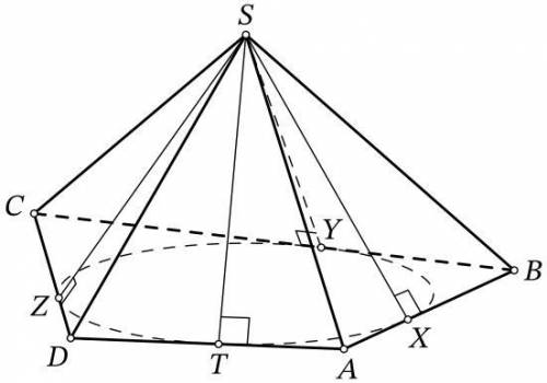 Объём пирамиды SABCD равен 90, а периметр её основания ABCD равен 45. В треугольниках SAB, SBC, SCD