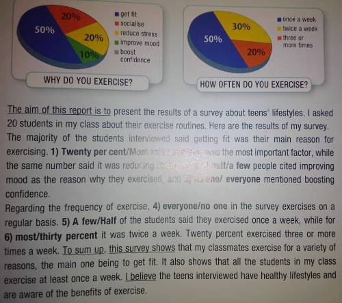 look at the pie charts and read the study skills box. then, read the survey report and choose the co