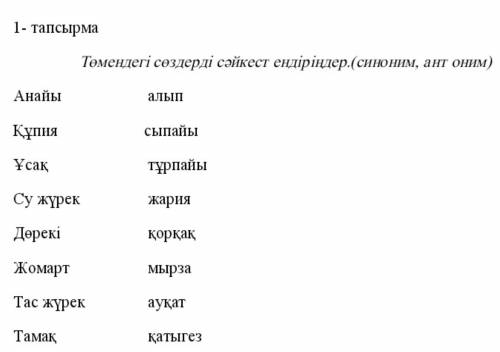 1- тапсырма Төмендегі сөздерді сәйкестендіріңдер.(синоним, антоним) Анайы алып Құпия сыпайы Ұсақ тұ