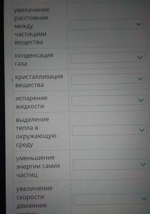 Определи, какие из предложенных описаний характеризуют процесс нагревания, а какие – процесс охлажде