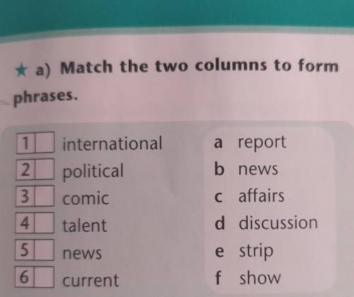 A) Match the two columns to form phrases1.international2.political3.comic4.talent5.news6.currenta.re