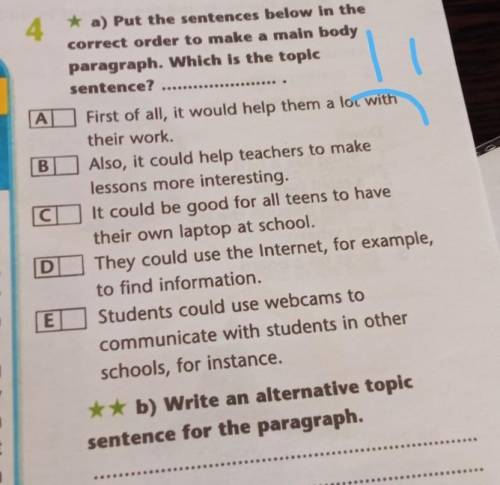 4 * a) Put the sentences below in thecorrect order to make a main bodyparagraph. Which is the topics