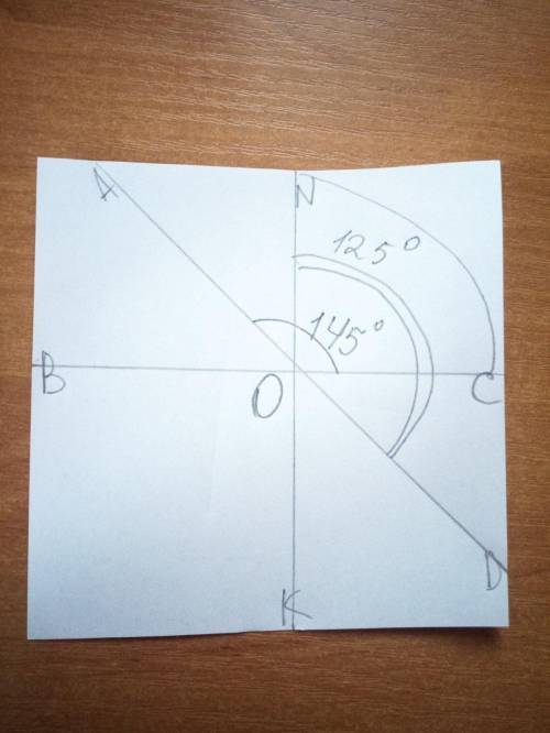 ПРЯМІ NK і BC ПЕРЕТИНАЮТЬСЯ В т.О КУТ AOC =145 РАДУСІВ КУТ NOD =125 ГРАДУСІВ ЗНАЙТИ КУТ NOC БУДЬ ЛА