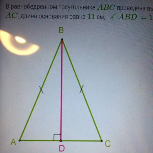 В равнобедренном треугольнике ABC проведена высота к основанию AC, длина основания 11 см, угол ABD=