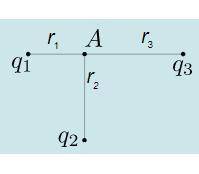 Три заряда q1 =-15, q2 =-13.q2 = -3 нКл расположены как показано на рисунке. t1 = 8 см,tт2=5,t3=2 см