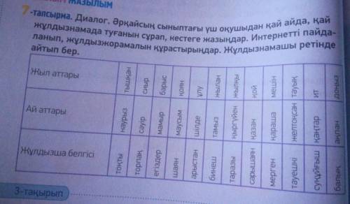 7 – тапсырма 60 бет Диалог. Сыныптағы үш оқушыдан қай айда, қай жұлдызнамада туғанын сұрап, жазыңдар