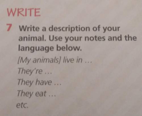 WRITE 7 Write a description of youranimal. Use your notes and thelanguage belowMy animals) live inTh