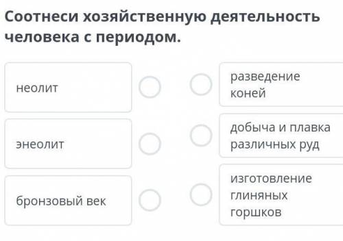 Соотнеси хозяйственную деятельность человека с периодом. неолитэнеолитбронзовый векразведение конейд