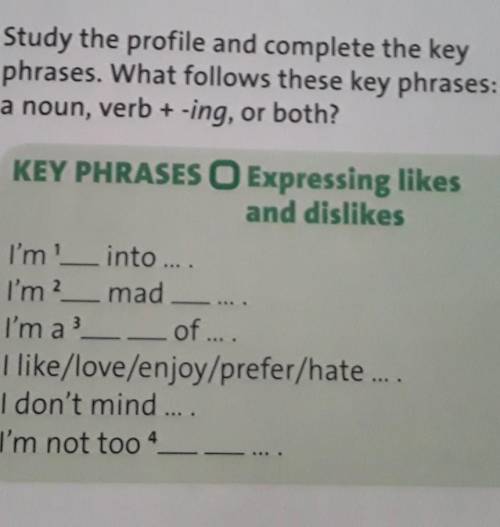 Study the profile and complete the key phrases: a noun, verb + -ing, or both?​