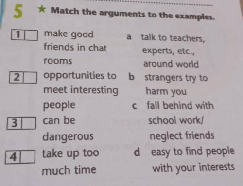 Be 5 * Match the arguments to the examples.make goodfriends in chatroomsatalk to teachers,experts, e