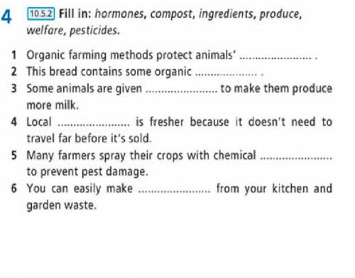Fill in: hormones, compost, ingredients, produce, welfare, pesticides.