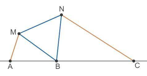 На прямой даны точки A, B, C, причем точка B лежит между A и C , AB = 3 и BC = 5. Пусть BMN — равнос