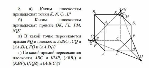 а) Каким плоскостям принадлежат точки K, N, C1, L? б) Каким плоскостям принадлежат прямые OK, FL, PM